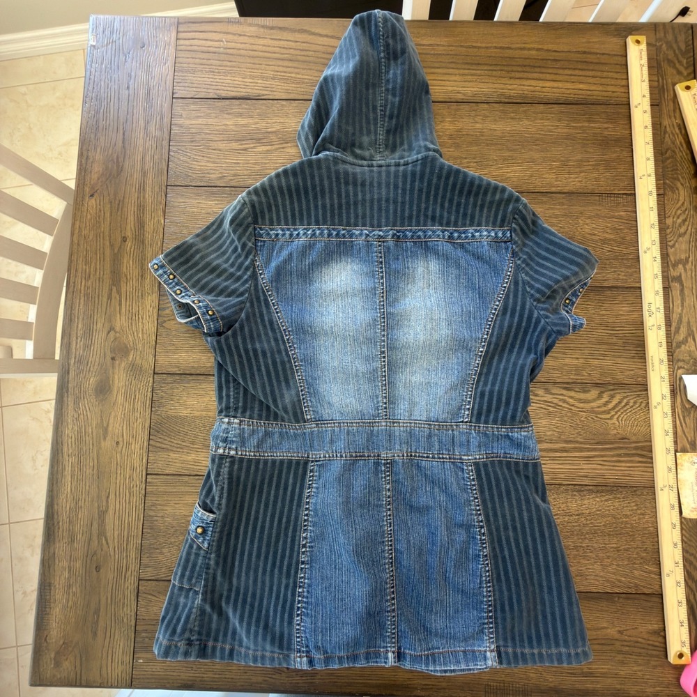 Shufa Blue Denim Striped Corduroy Studded Hooded Short Sleeve Jacket Size 42 - Picture 3 of 16